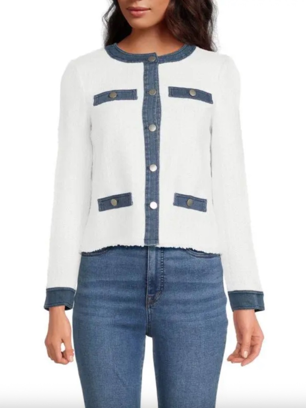 Ecru • Women’s Denim Trim Tweed Button Jacket • Size Medium